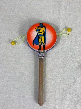 Vintage Superhero Spin Drum Toy | Handheld Rattle Noise Maker | 7” | Batman